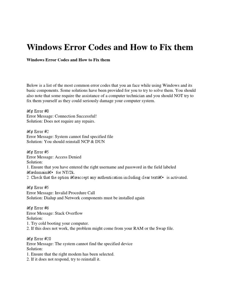 Computer Error Codes