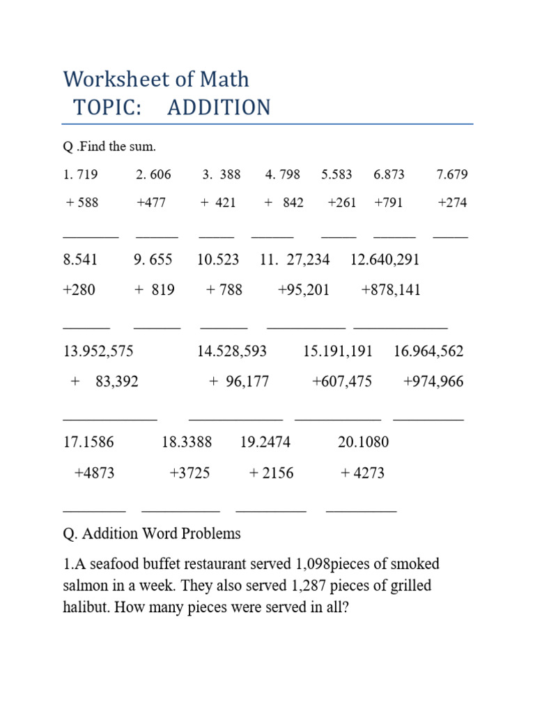 Worksheet of Math Topic: Addition | PDF | Teaching Methods & Materials ...