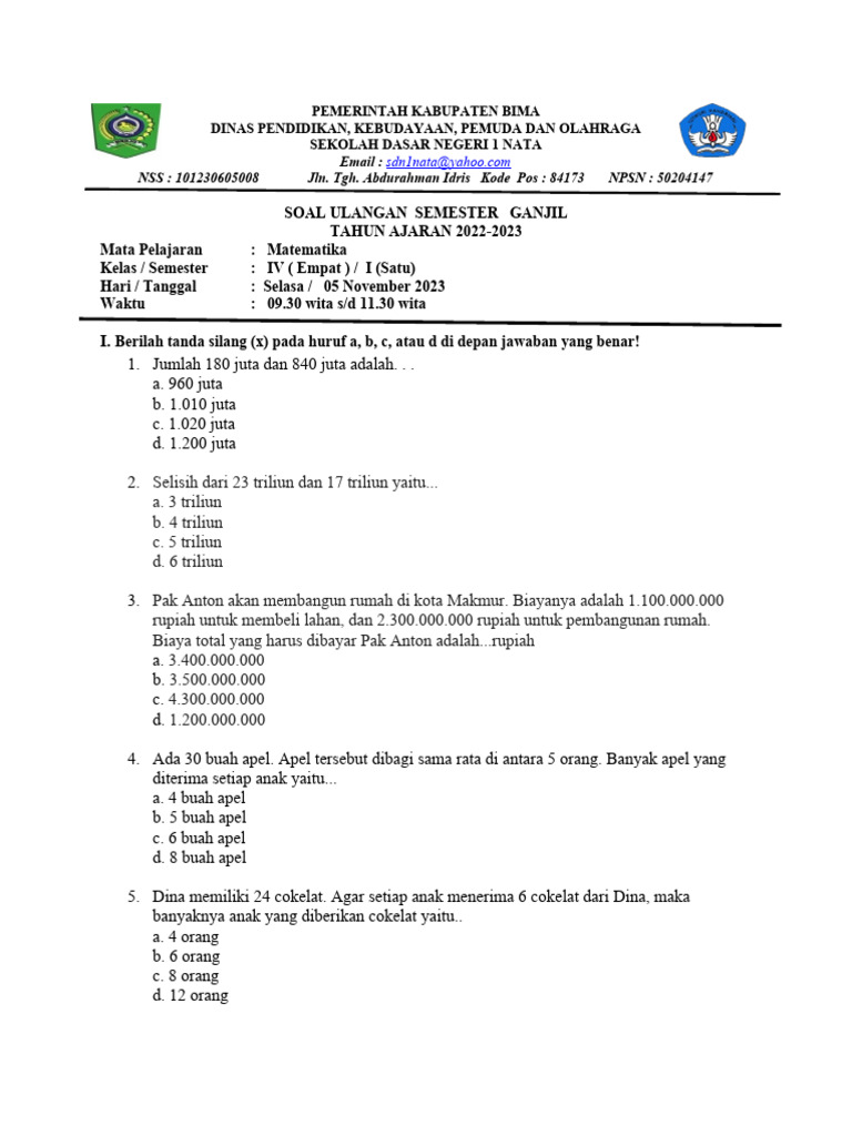 Soal Matematika Kelas 4 Pdf