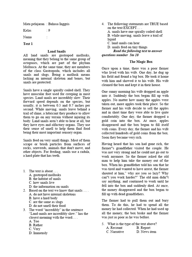 Soal ujian sekolah bahasa inggris kls 9