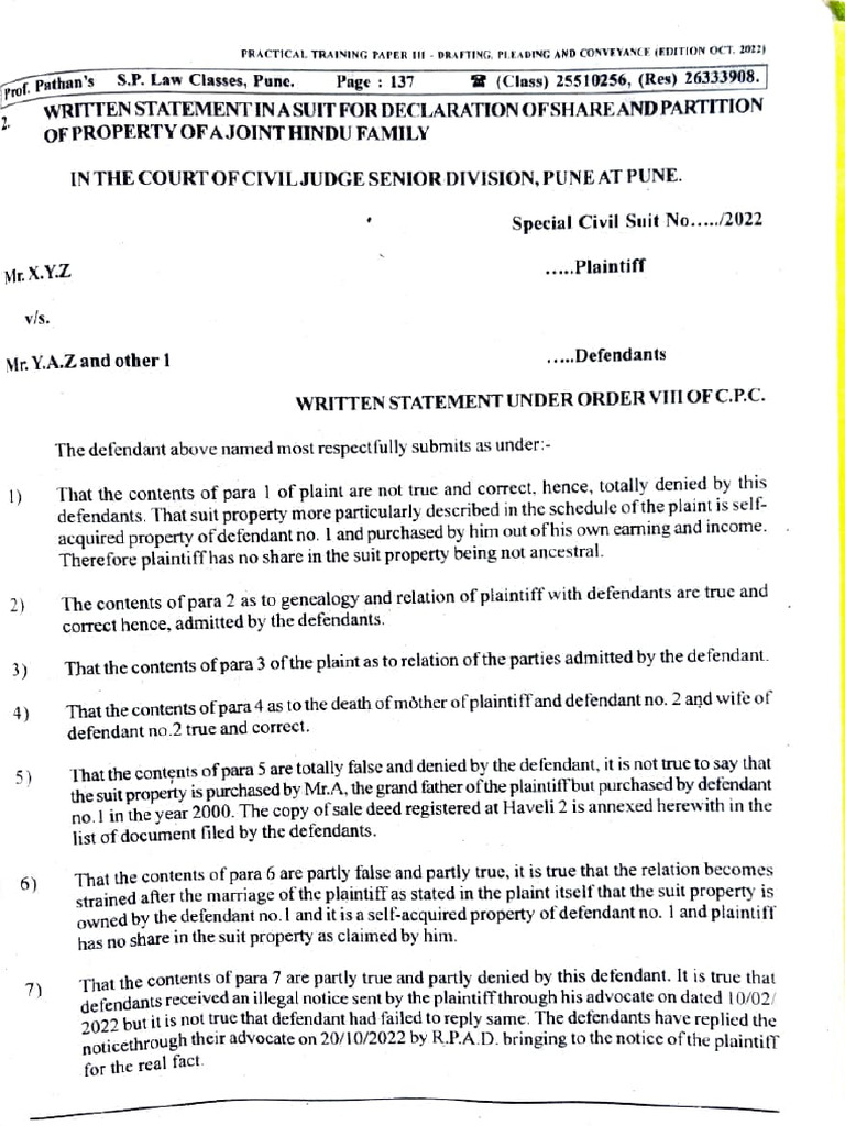 Writtenstatementin Asuit For Declaration Ofshareand Partition | PDF ...