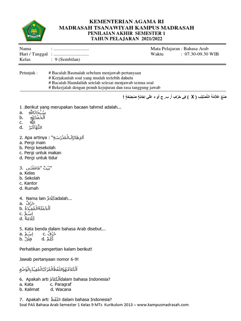 Soal PAS B. Arab Kelas IX | PDF