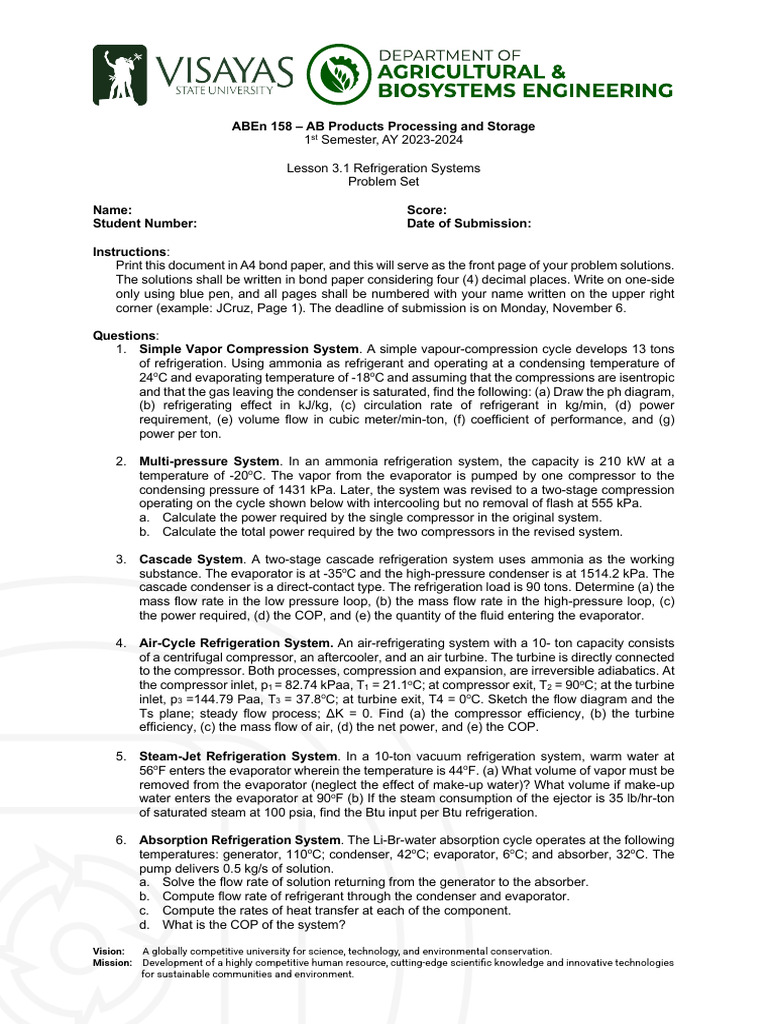 Refrigeration Systems Problem Set 2023 | PDF