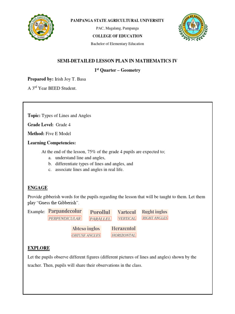 Grade 4 Math Lesson Plan: Lines & Angles | PDF | Angle | Line (Geometry)