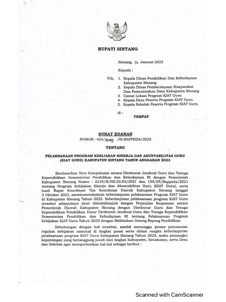 Surat Edaran Pelaks. Kiat Guru Th. 2023 | PDF