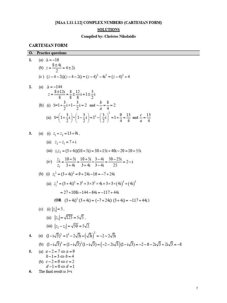 Cartesian Form of Complex Numbers Solutions | PDF | Mathematical ...