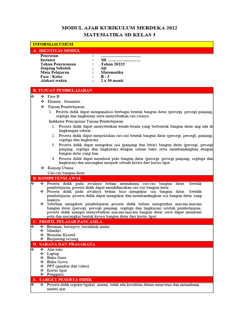 Modul Ajar Matematika Kelas 3 Geometri | PDF