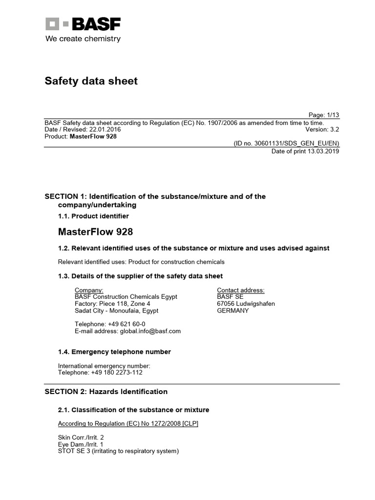 Masterflow 928 Msds | PDF | Labor Relations | Occupational Safety And ...