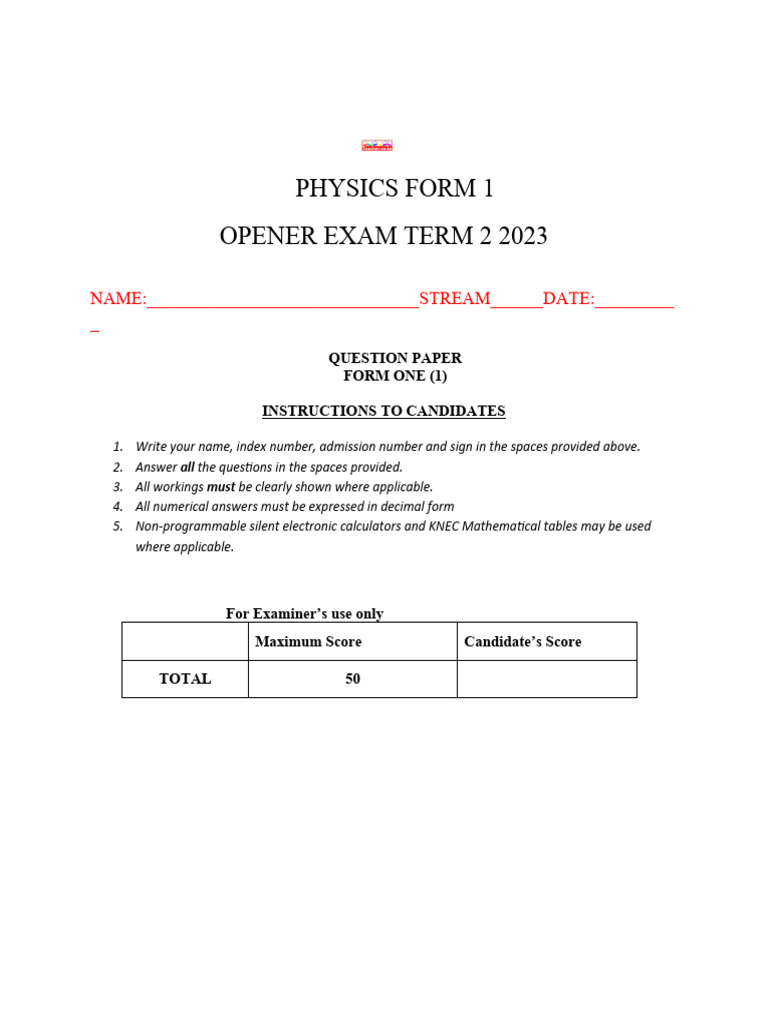 Physics Form 1 Term 2 Exam 2023 | PDF | Density | Metrology