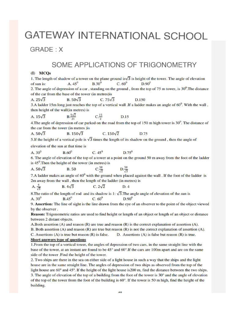 Grade 10 - Some Applications of Trigonometry | PDF