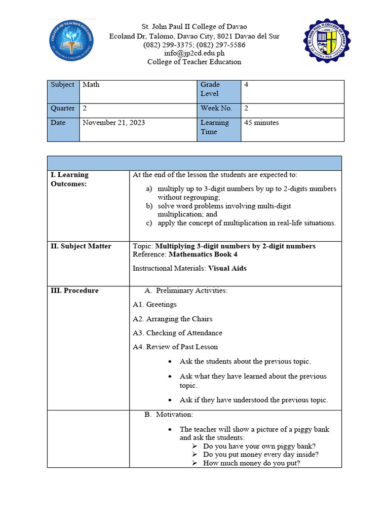 Grade 4 Multiplication Lesson Plan | PDF | Multiplication | Mathematics