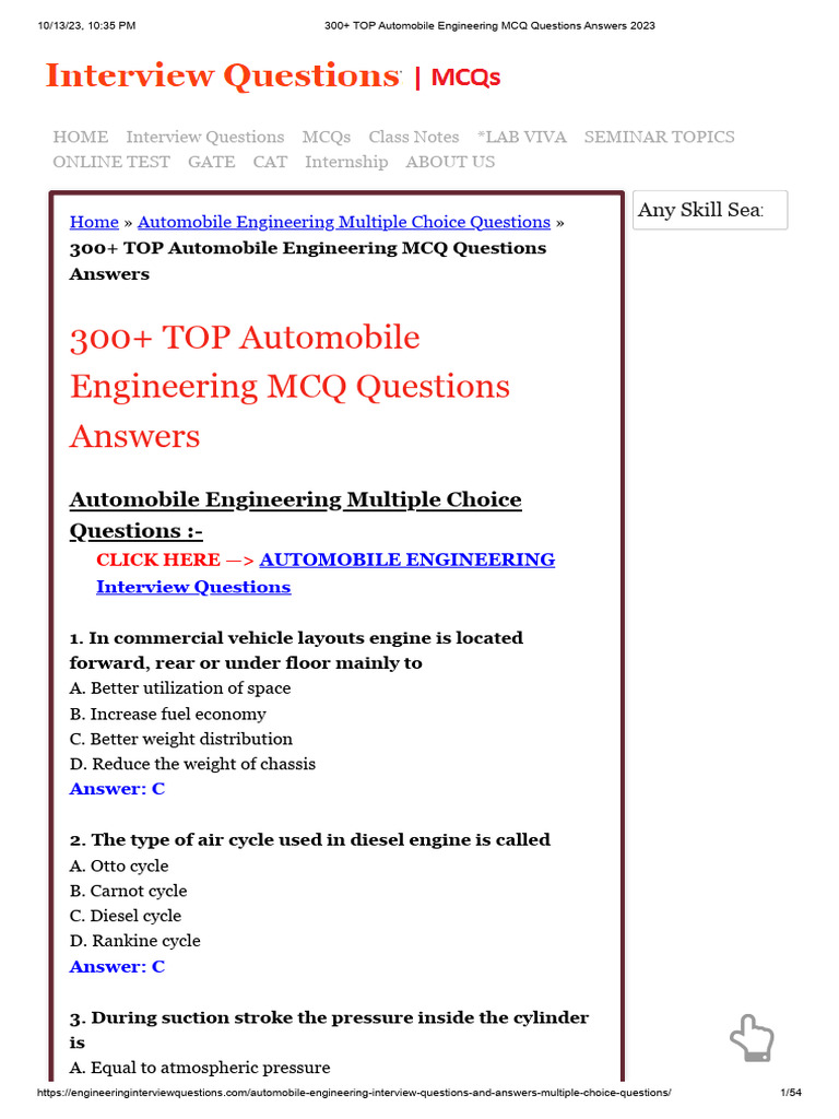 Automobile Engineering MCQ Questions Answers 2023 PDF Manual