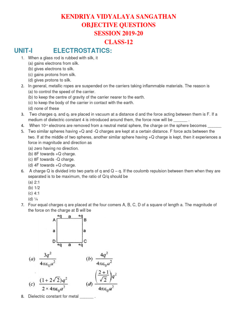 MCQ Electrostatics PDF Electric Field Electric Charge