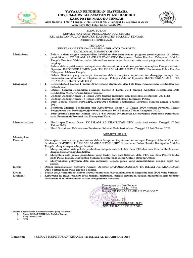 Contoh Sk Operator Dapodikdasmen Terbaru Tahun 2023 Pdf