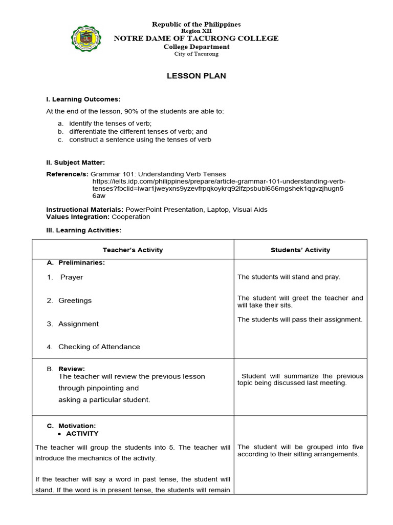 Lesson Plan Format With Rubric | PDF | Grammatical Tense | Linguistics