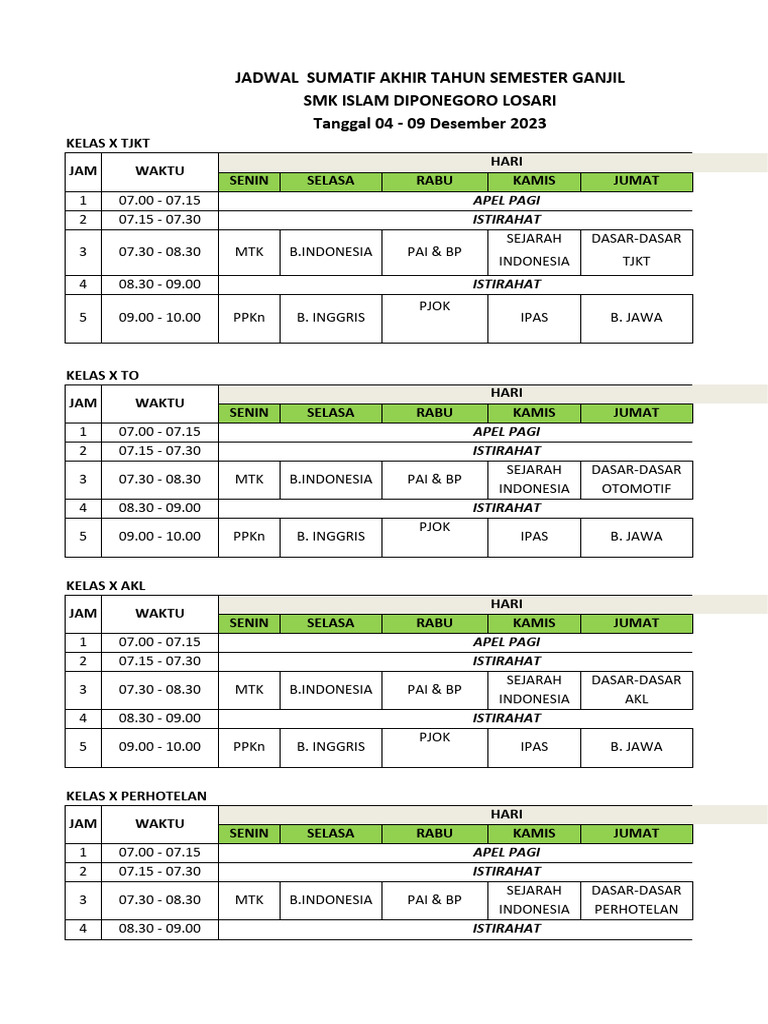 Jadwal Siswa Sas 2023 | PDF
