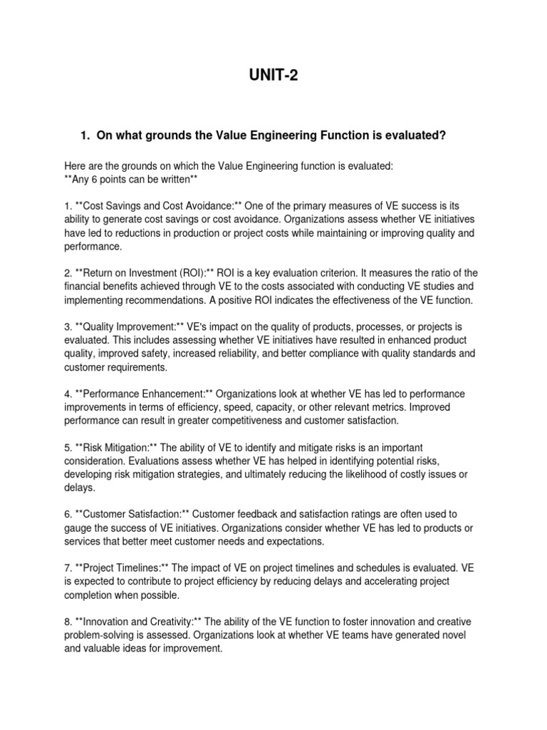 Unit 2 1 on what grounds the value engineering function is evaluated