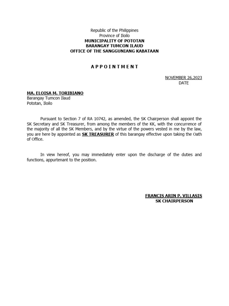 SK Treasurer Appointment PDF