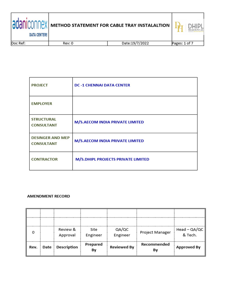 Cable Tray Installation Method Statement | PDF | Electrician ...