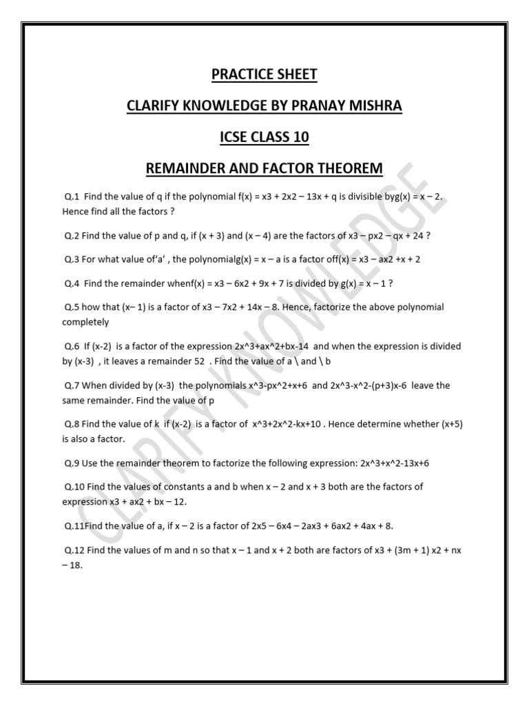 Remainder and Factor Theorem 1 | PDF