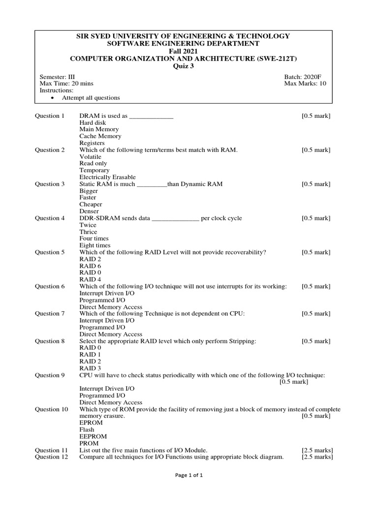 Ce 207 co a quiz 03 pdf random access memory read only memory