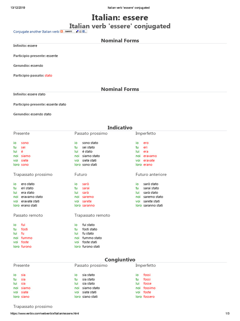 Italian Verb 'Essere' Conjugated | PDF
