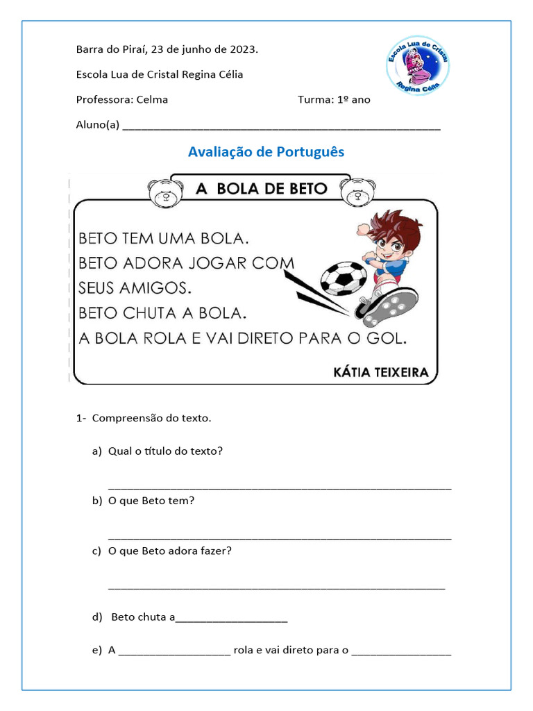 Avaliação de Português 1º Ano | PDF | Carreira e Crescimento | Artes ...