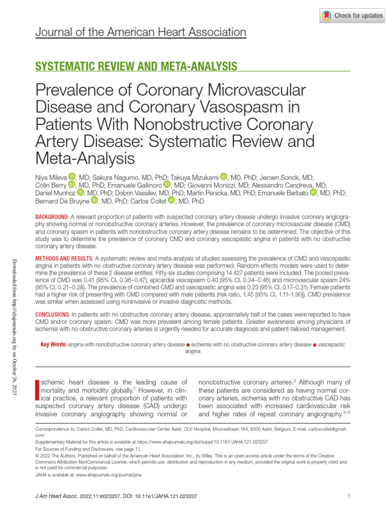Prevalence of Coronary Microvascular Disease and Coronary Vasospasm in ...