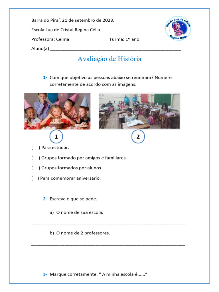 Avaliação de História para 1º Ano | PDF | Escolas