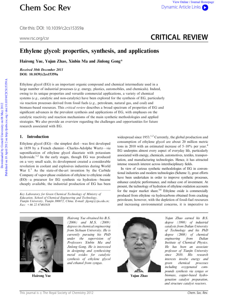 Advances in Ethylene Glycol Synthesis | PDF | Catalysis | Chemical ...