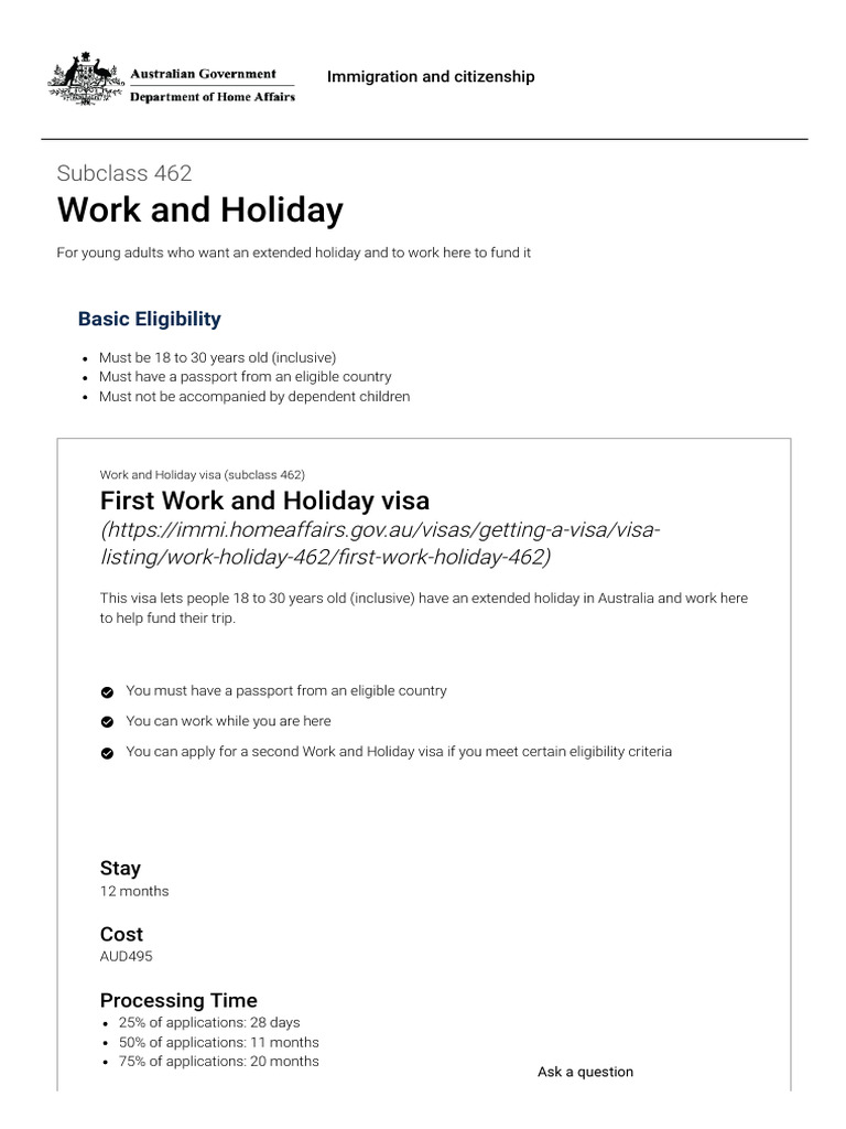 Work And Holiday Visa Subclass 462 Pdf Travel Visa Passport