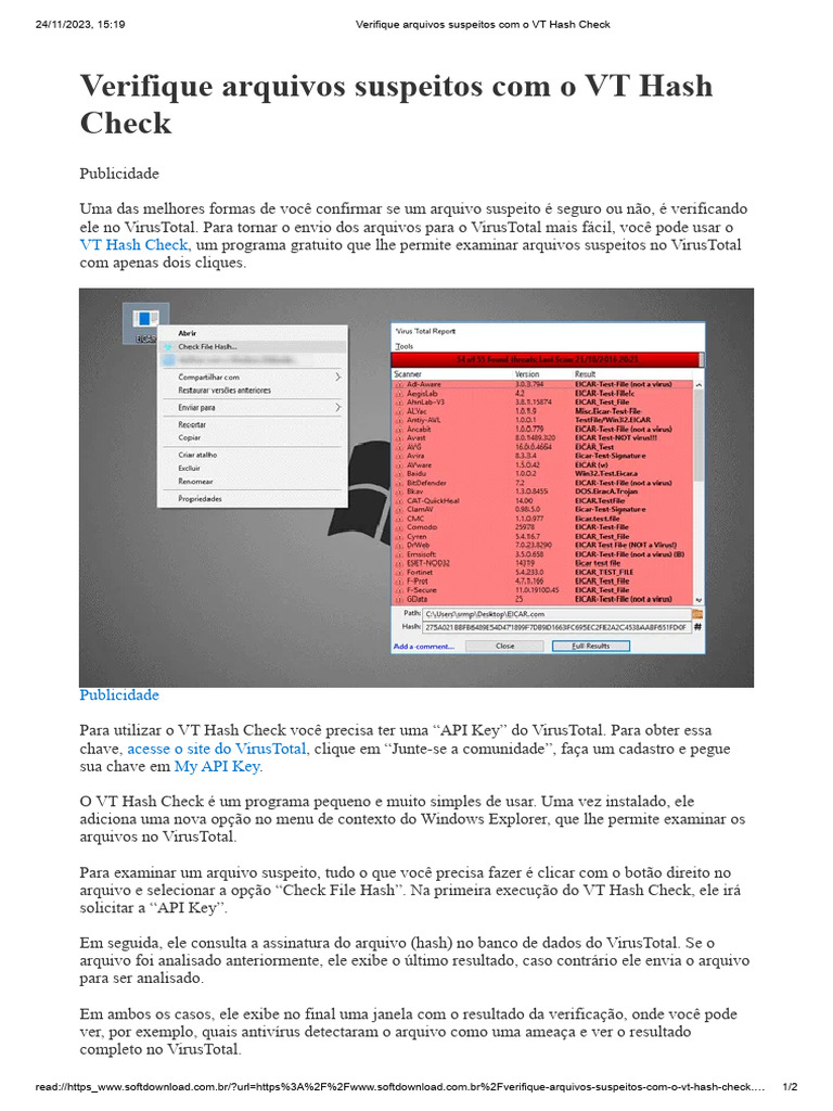 Verifique Arquivos Suspeitos Com o VT Hash Check | Download grátis PDF ...