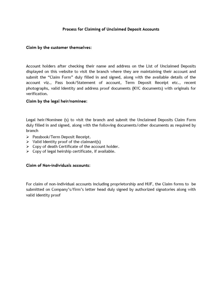 Unclaimed Deposit Process For Claiming Unclaimed Deposit Accounts PDF