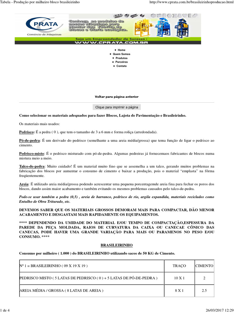 Tabela Produção Por Milheiro Bloco Brasileirinho PDF Cimento