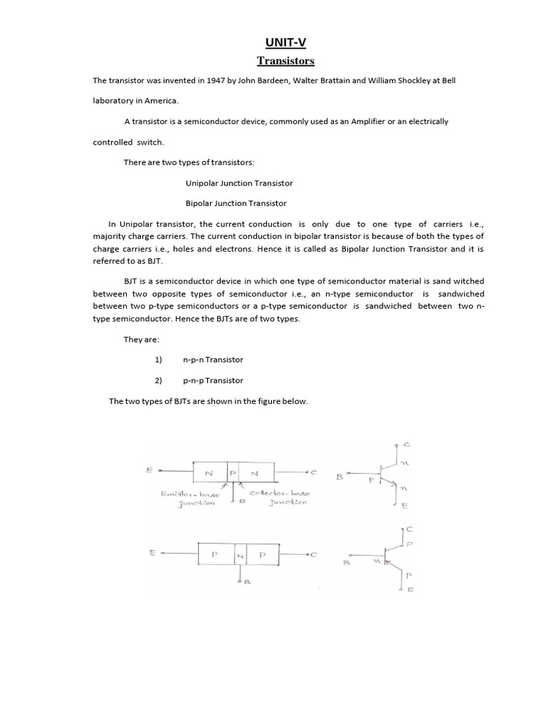 Unit 5 Transistor Notes PDF Bipolar Junction Transistor PN Junction