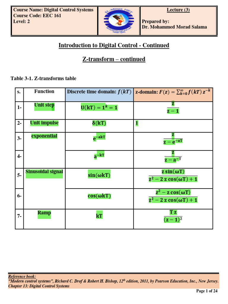 Digital Control Systems Z-Transforms | PDF | Mathematical Relations ...