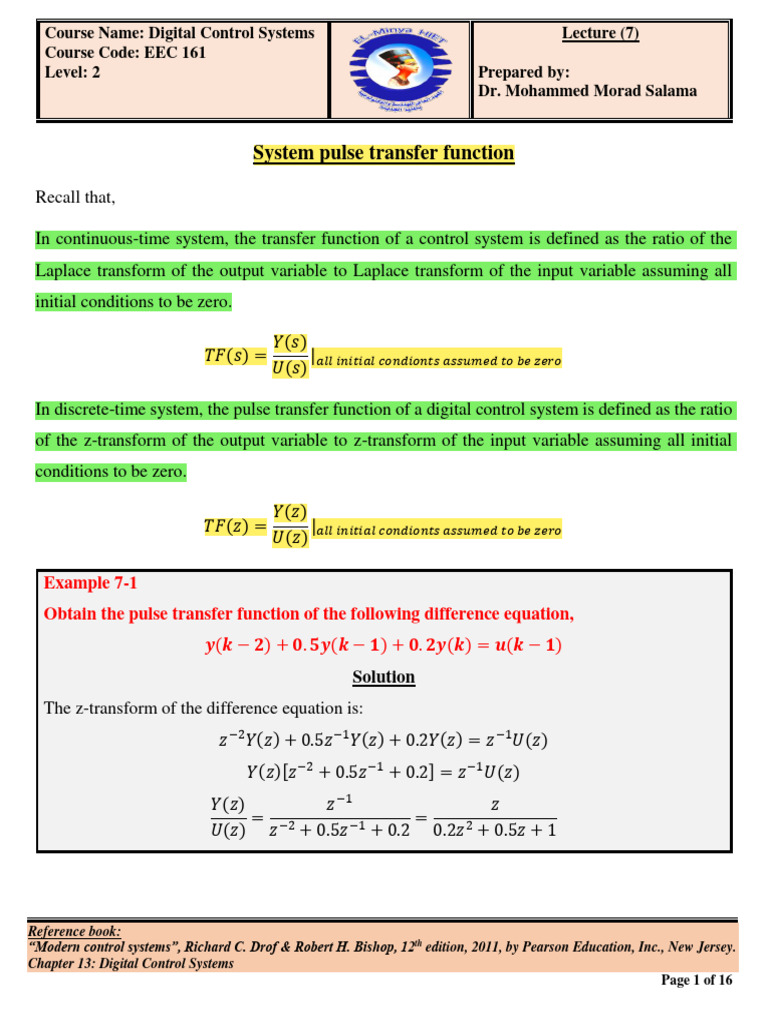 7 Lecture 7 Pulse Transfer Function & ZOH Transfer Function (2nd