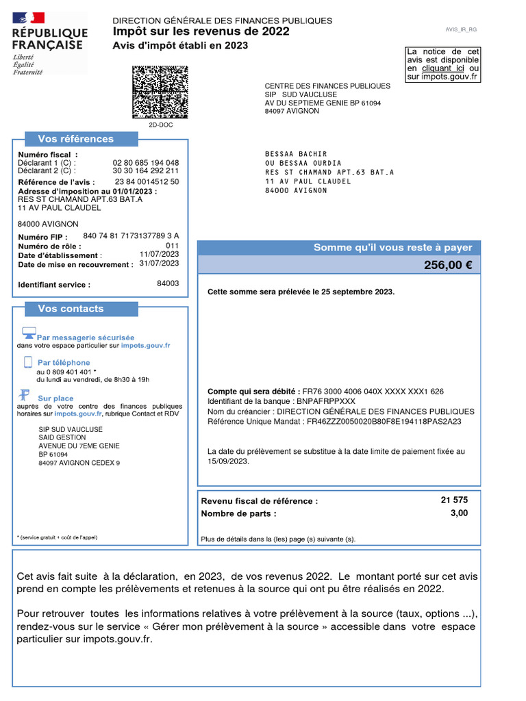 Avis D Impot 2023 Sur Les Revenus 2022 | PDF | Impôt sur le revenu | Impôts