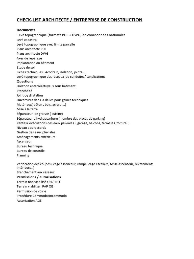 Checklist pour Projet Architectural | PDF | Maison et jardin | Ordinateurs