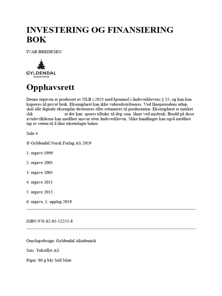 Investering Og Finansiering Bok | PDF