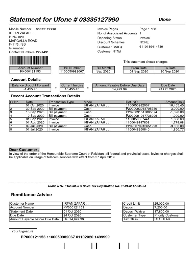 Statement For Ufone # 03335127990: Account Details | PDF | Invoice ...
