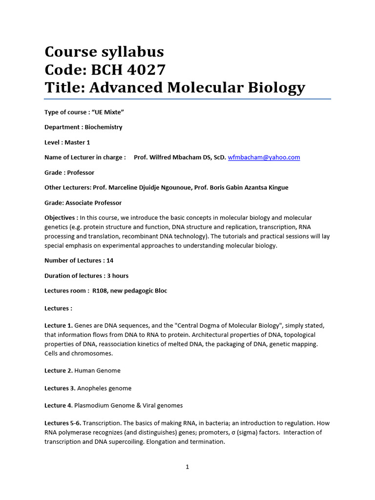 BCH 4027 Advanced Molecular Biology Syllabus 2023 2024 PDF Dna