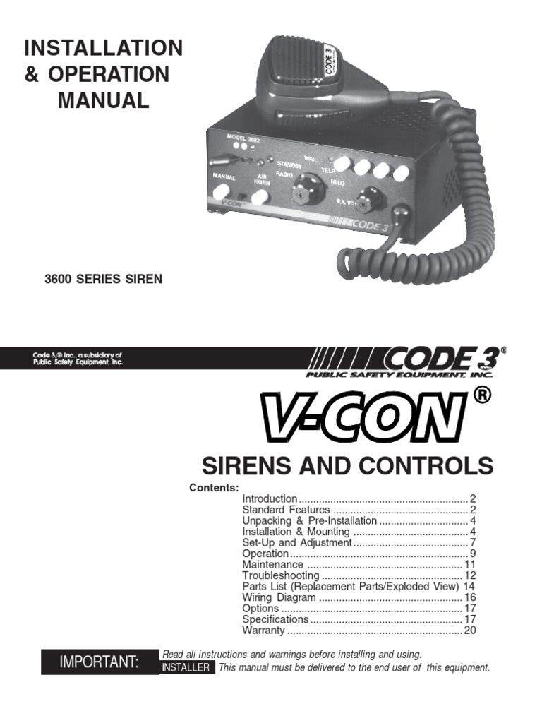 Code 3 V-Con Siren Manual | PDF | Switch | Electrical Connector
