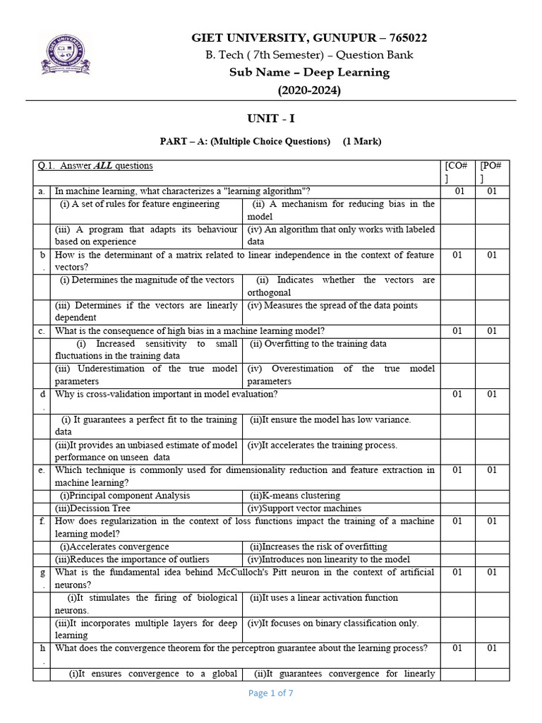 Deep Learning Question Bank for B. Tech | PDF | Artificial Neural ...