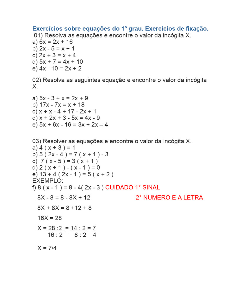 Exercícios de Equações do 1º Grau | PDF | Métodos e Materiais de Ensino