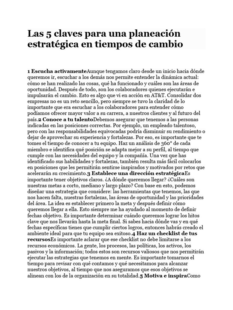 Las 5 Claves para Una Planeación Estratégica en Tiempos de Cambio | PDF ...