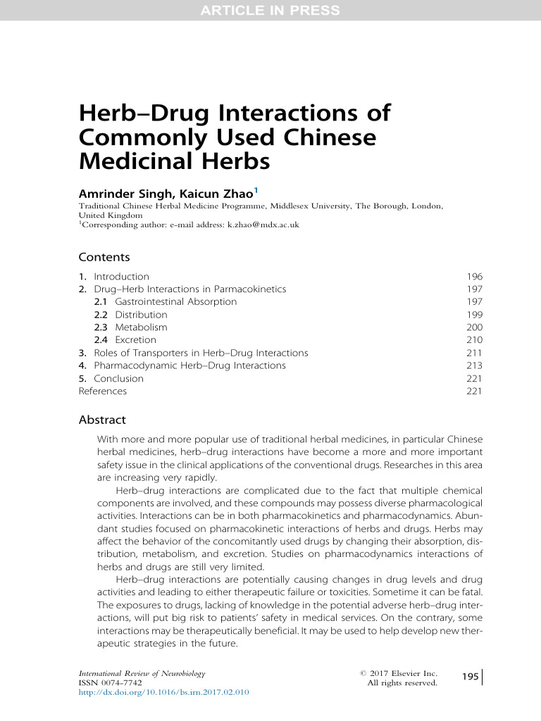HerbDrug Interactions of Commonly Used Chinese Medicinal Herb Medicine