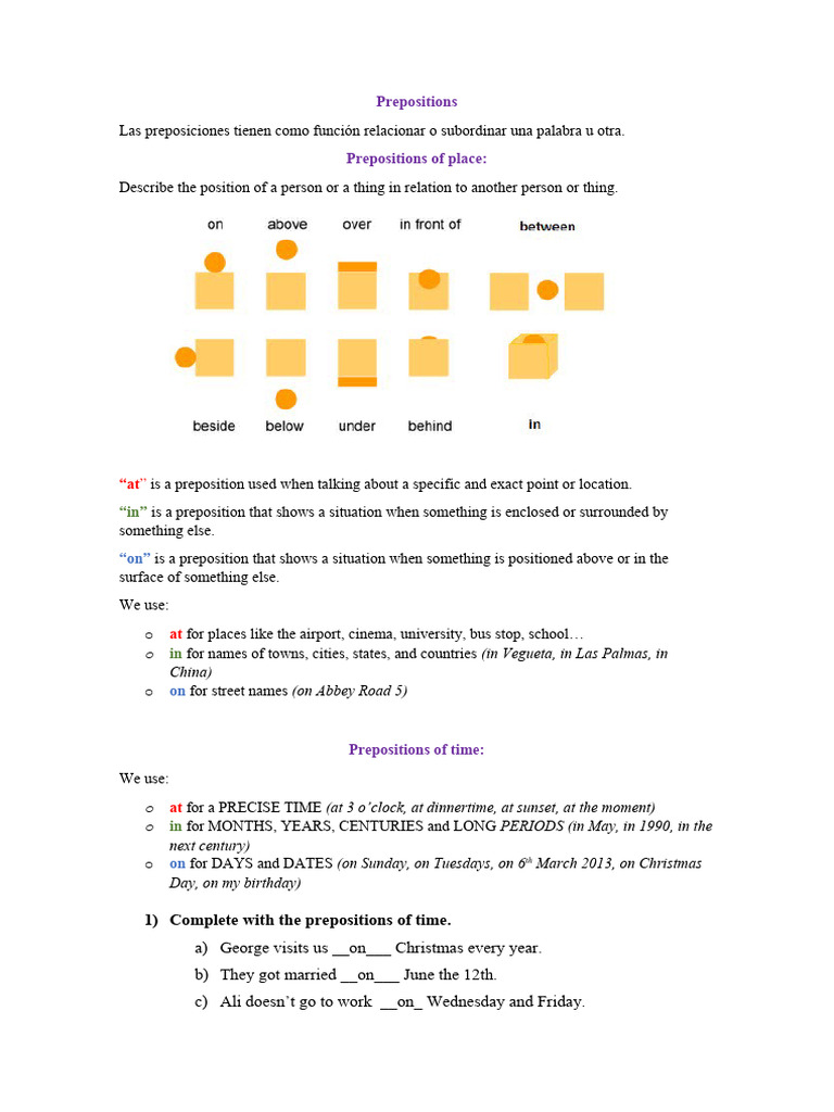 In, On, at (Prepositions of Time and Place) | PDF | Foreign Language ...