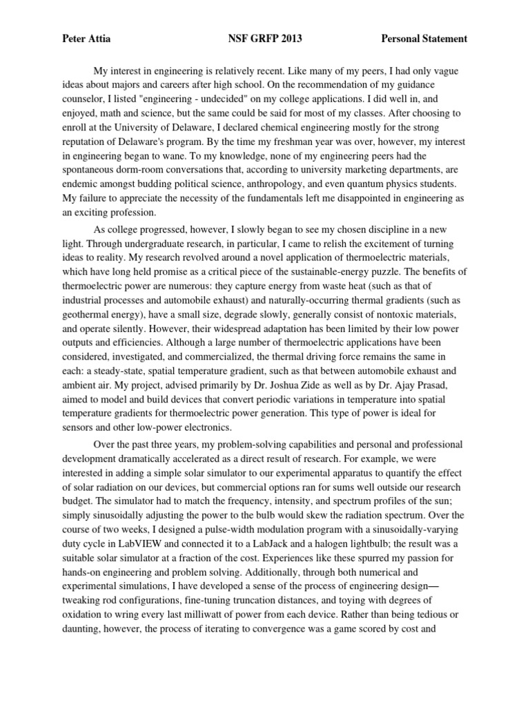 NSF GRFP Personal Statement Final | PDF | Engineering | Renewable Energy