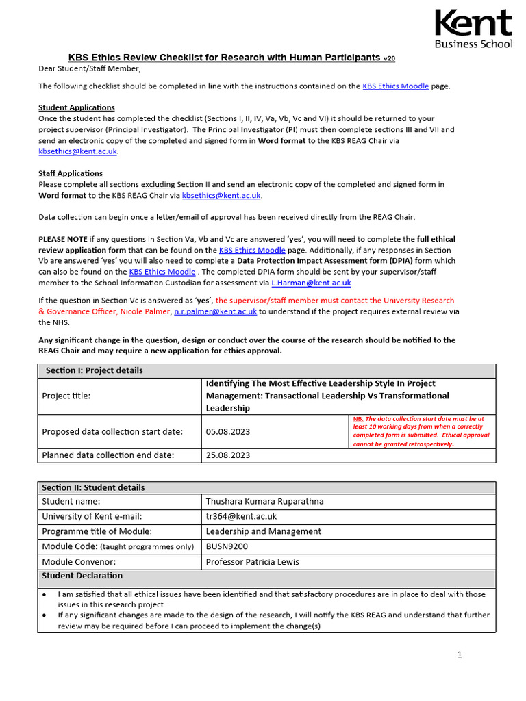 KBS Ethics Review Checklist for Research | PDF | Risk | Leadership